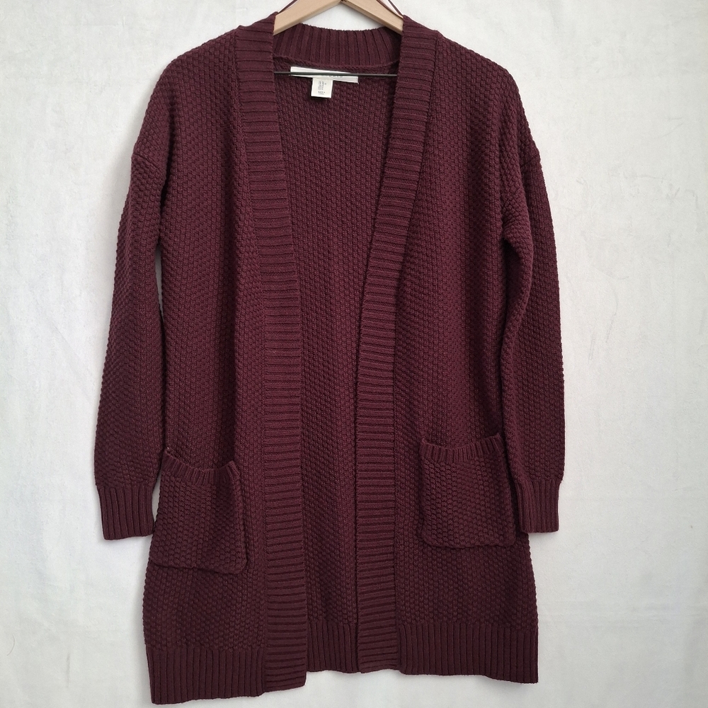 Max Studio Womans Cardigan Sweater Open Front Plum Waffle Knit - Size M